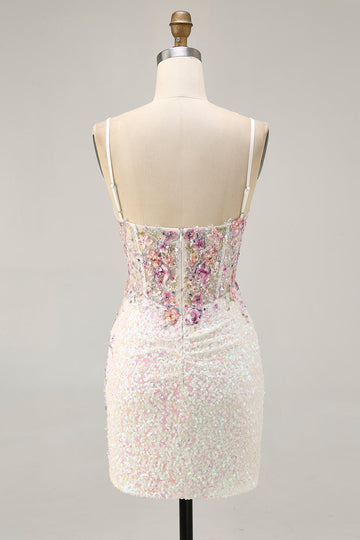 Robe courte à sequins floraux scintillants blancs pour les retrouvailles